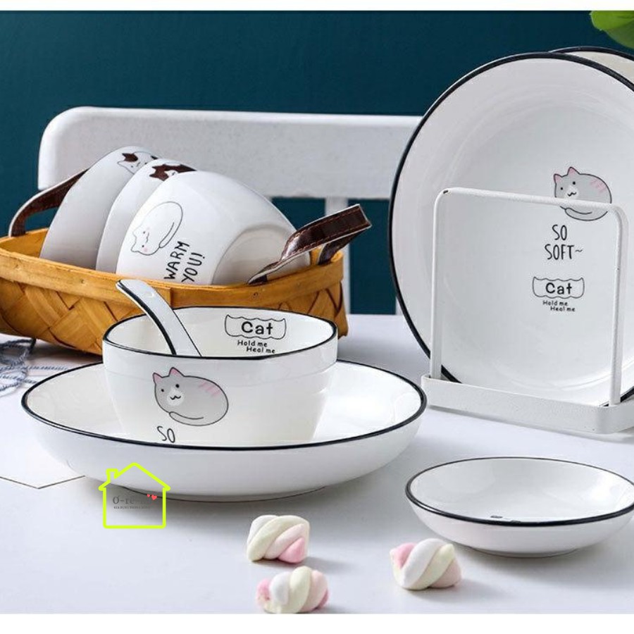 Bộ bát đĩa sứ Hello Cat phong cách Bắc  Âu| Bộ bát đĩa đẹp | bộ chén dĩa sứ, thích hợp cho gia đình nhỏ
