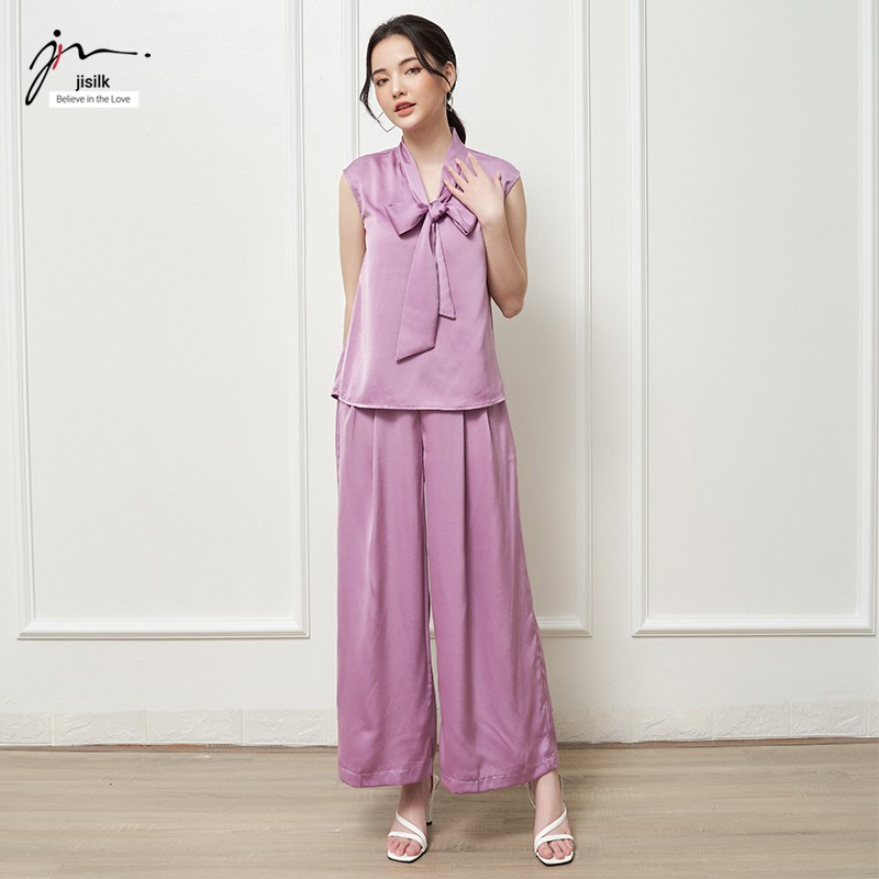 Quần basicci chất liệu satin thiết kế dáng suông ống rộng mặc nhà đi chơi Jisilk L.QDA-01