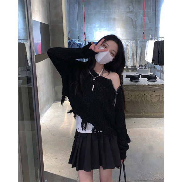 ▧∋✜Áo Sweater Dáng Rộng Tay Dài Lệch Vai Phối Khóa Kéo Thời Trang Mùa Xuân Hàng Mới 2022 Dành Cho Bạn Nữ