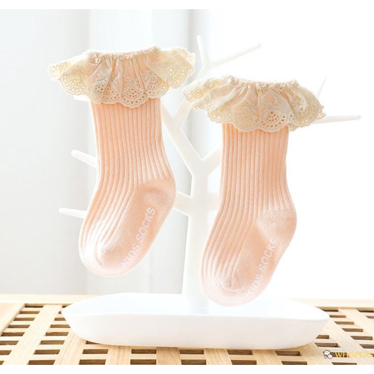 Vớ ống dài màu trơn phối ren chống trượt dành cho bé gái