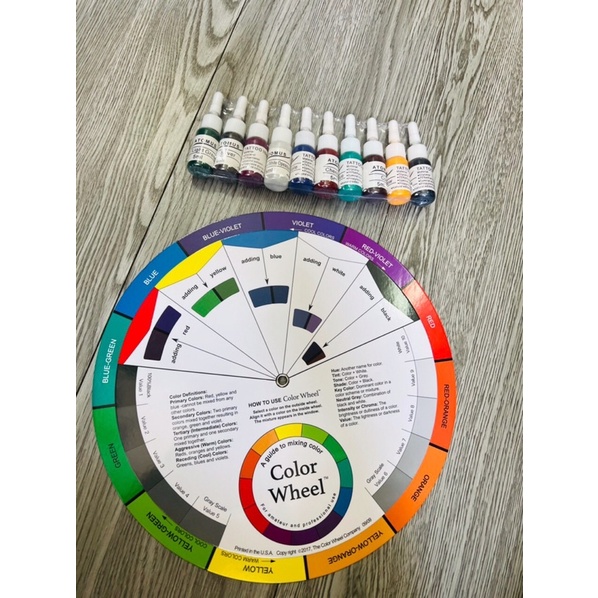 Bánh xe màu sắc/color wheel( có 10 chai màu để làm thí nghiệm)ứng dụng phun xăm, hội hoạ, thiết kế