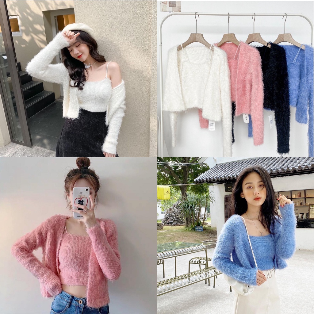 [Ảnh thât] Sét áo cardigan khoác ngoài và áo dây A21, áo khoác cardigan len lông mềm mại 3 màu xanh, hồng, trắng