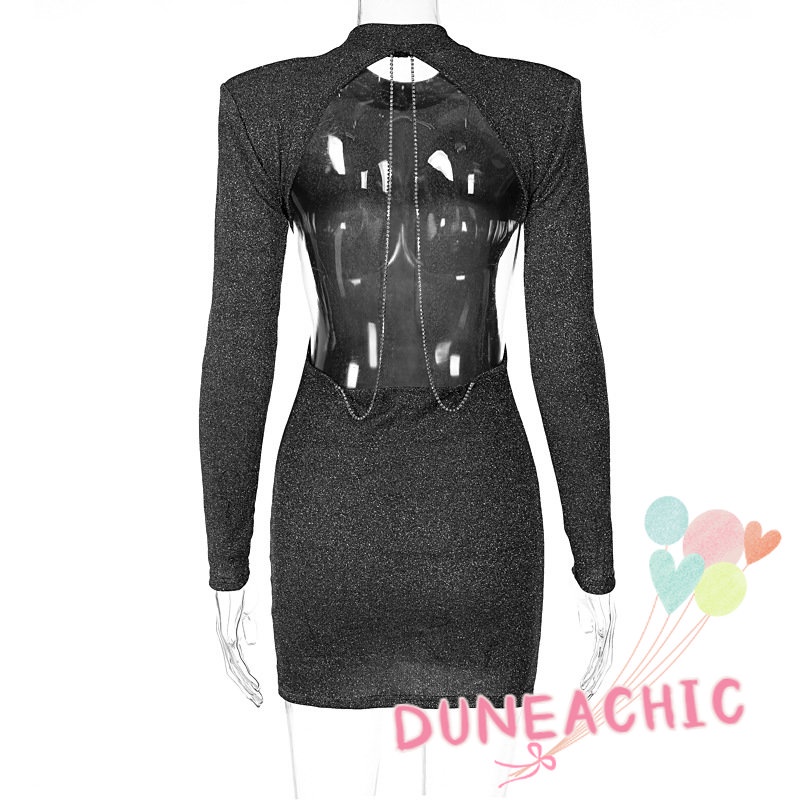 DUNEA Đầm dự tiệc hở lưng phối chuỗi xích long lanh thời trang dành cho nữ