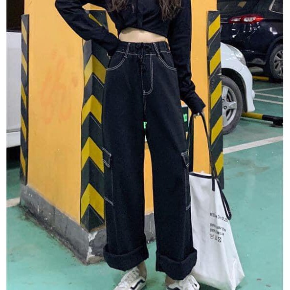Quần suông ống rộng unisex giả jean viền chỉ lưng cao kèm túi hộp 2 bên màu đen GuuZ Fashionista | BigBuy360 - bigbuy360.vn