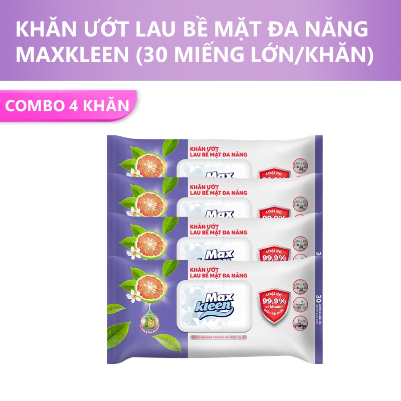 Combo 4 Khăn Ướt Lau Bề Mặt Đa Năng MaxKleen (30 miếng/bịch)