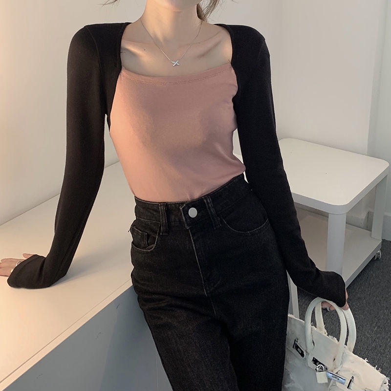 Áo thun tay dài cổ vuông thiết kế mới thời trang mùa thu dành cho nữ