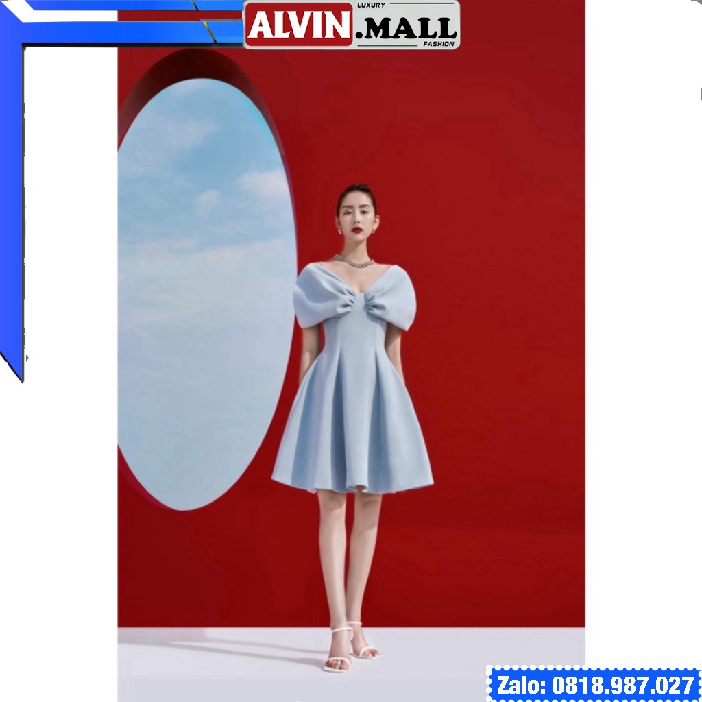 🔥𝓠𝓾ả𝓷𝓰 𝓒𝓱â𝓾 CAO CẤP🔥 Đầm dáng xòe hai dây hở vai ngang phối nơ màu xanh navy đỏ vải thun 4D nhập cao cấp ladyvi