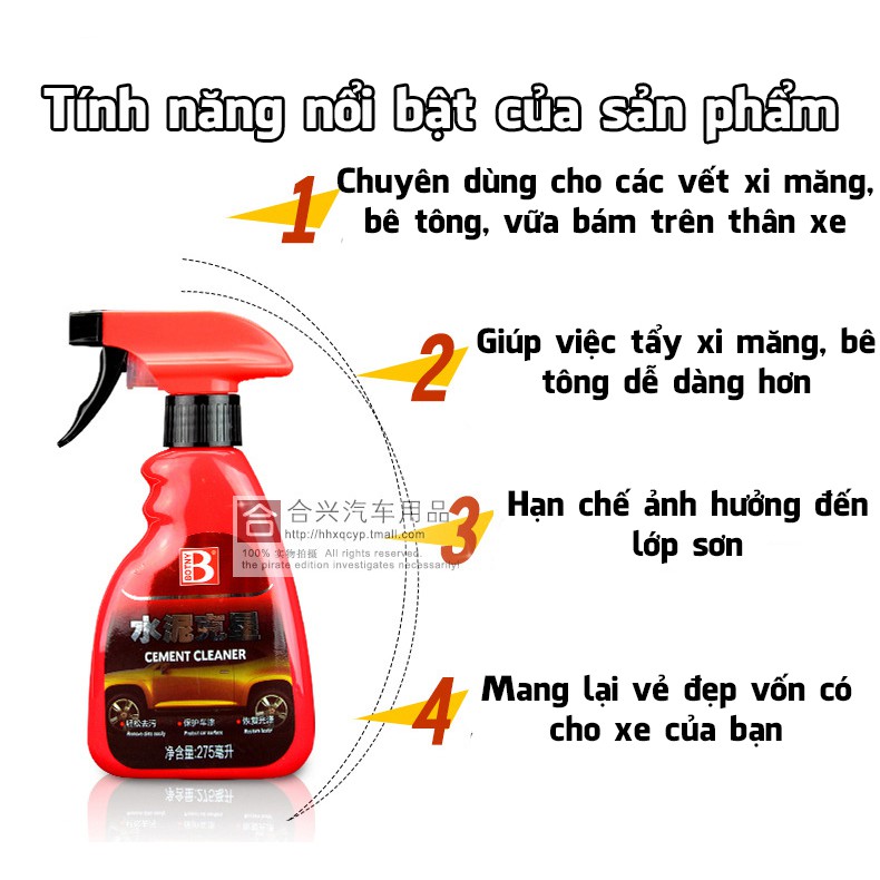 Chai xịt tẩy xi măng dính trên ô tô Cement Cleaner Botny B-2085 an toàn hiệu quả dung tích 275ml