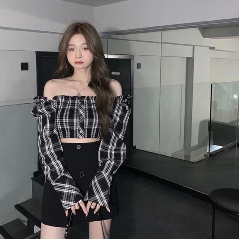 Áo trễ vai kiểu nữ tay dài croptop sọc caro - Order taobao quảng châu