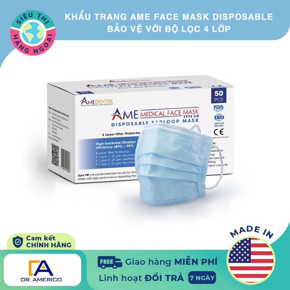 Khẩu trang Ame Face Mask Disposable 4 Layer Filter Protection [Bảo vệ với bộ lọc 4 lớp] USA Siêu Thị Hàng Ngoại
