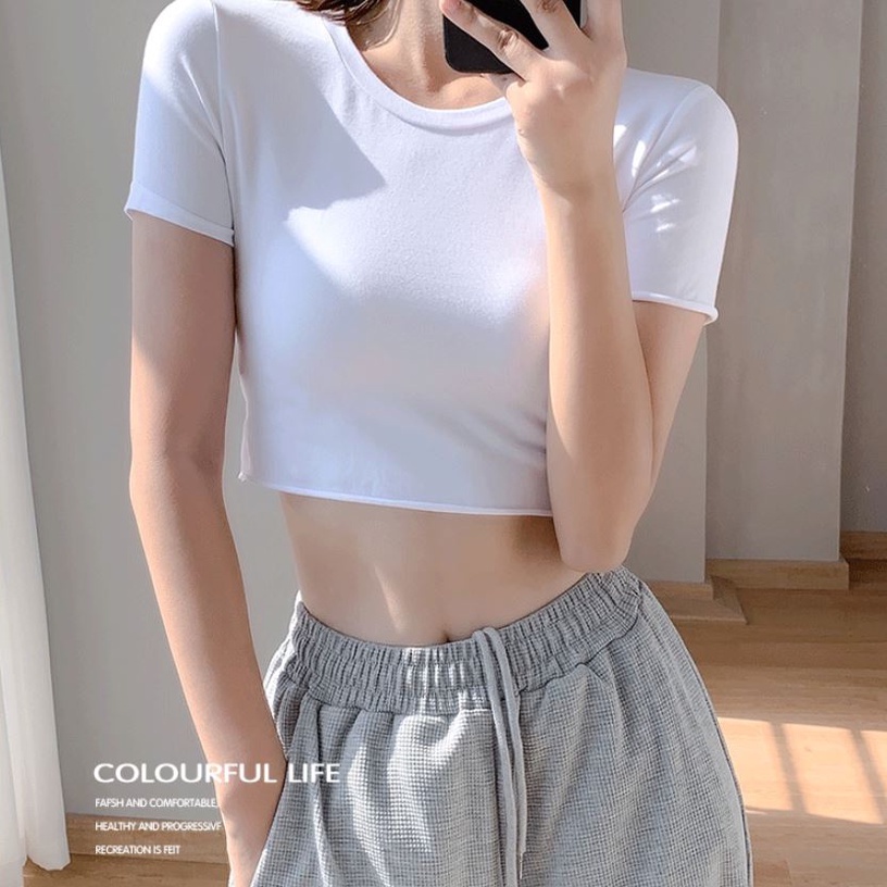 Áo Croptop Nữ Tay Ngắn Kiểu Dáng Ôm Body BIGOMALL - Áo Nữ Trơn Cổ Tròn Chất Thun Co Dãn Thoáng Mát Thời Trang