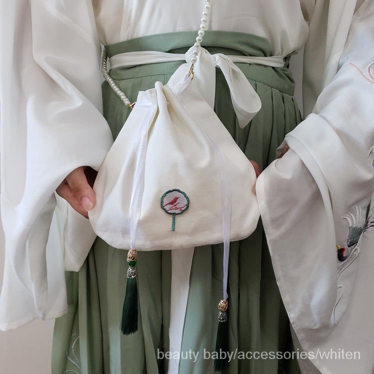 Túi đeo chéo thêu họa tiết phong cách Trung Hoa cổ điển thiết kế dây rút thời trang cho nữ