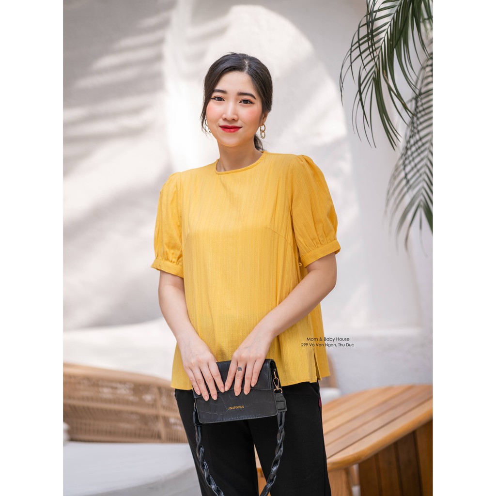 EVERMOM | Áo bầu ren vàng tay bo phồng