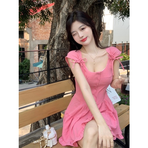 Đầm COZOKC tay ngắn cổ vuông thắt nơ xinh xắn thời trang cho nữ
