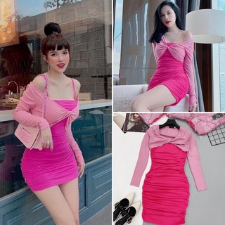 V441 Váy 2 Dây Nhún Thân Ôm Body Phối Áo Choàng Soắn Ngực Dài Tay