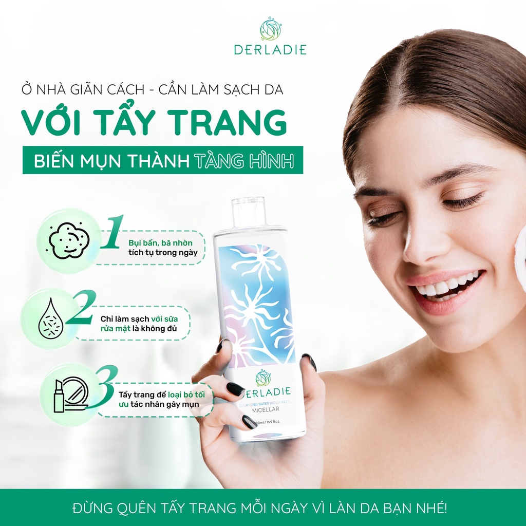 [MUA  1 TẶNG  1] Nước tẩy trang Derladie Cleansing Water Witch Hazel làm sạch, ngừa mụn trên da 500ml