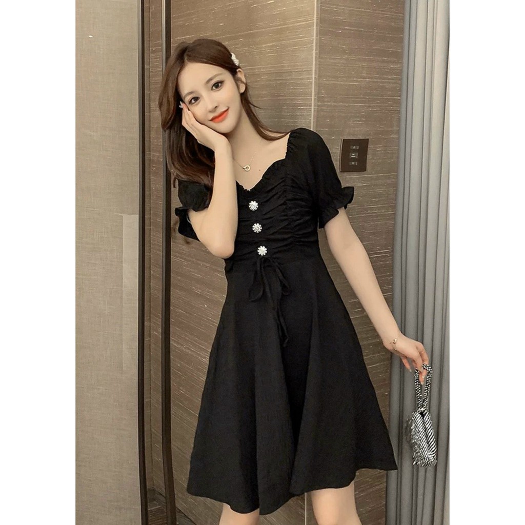 Đầm rút ngực đính 3 nút hoa cúc ngắn tay xòe - Dáng xòe 3 màu - Sky Of Love Official | BigBuy360 - bigbuy360.vn