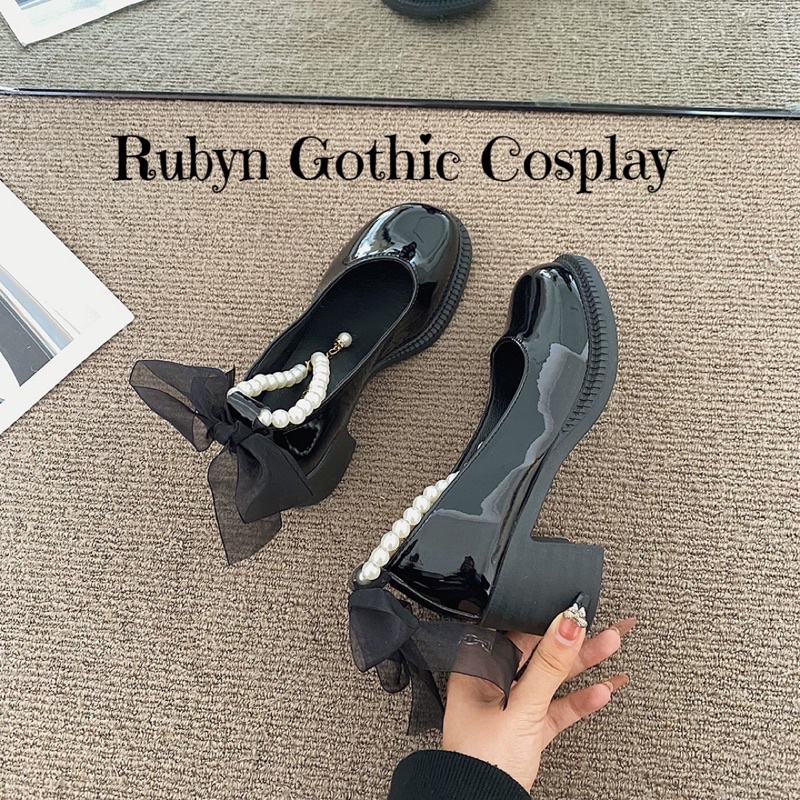 [Sẵn-nên lùi 1 size]Giày Lolita Cao gót tiểu thư quai hạt đính nơ ( Trắng, đen ) Size 35 - 39 D818