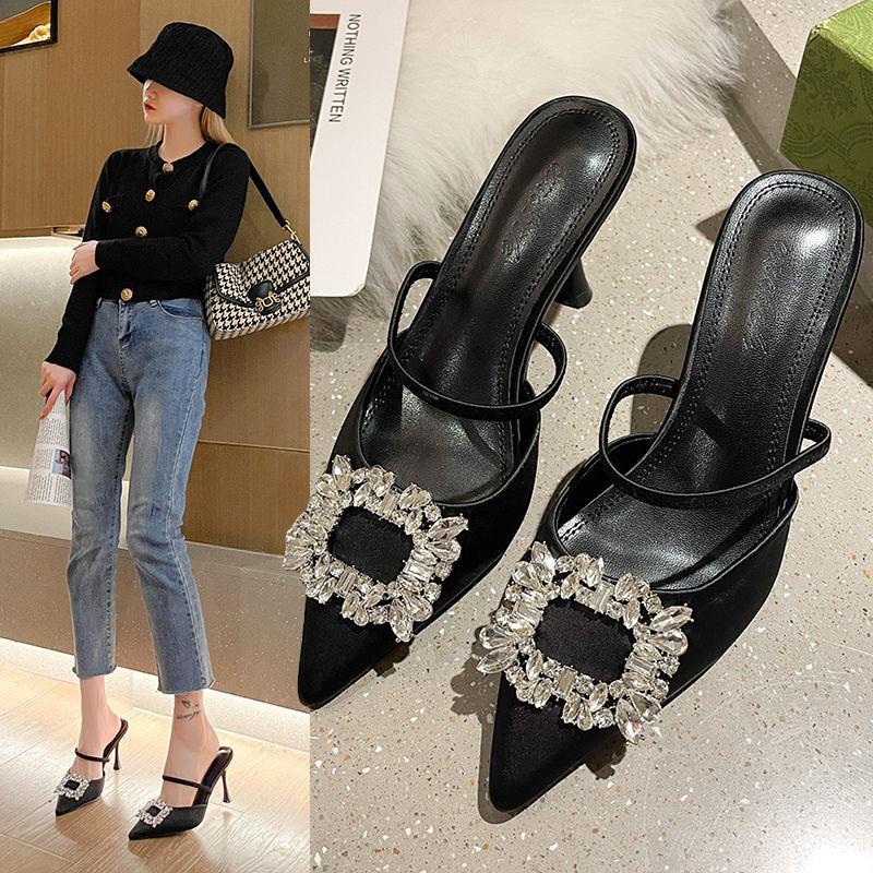 Dép cao gót da lộn mũi nhọn màu đen đính đá phong cách Pháp sang trọng thời trang 2022 cho nữ
