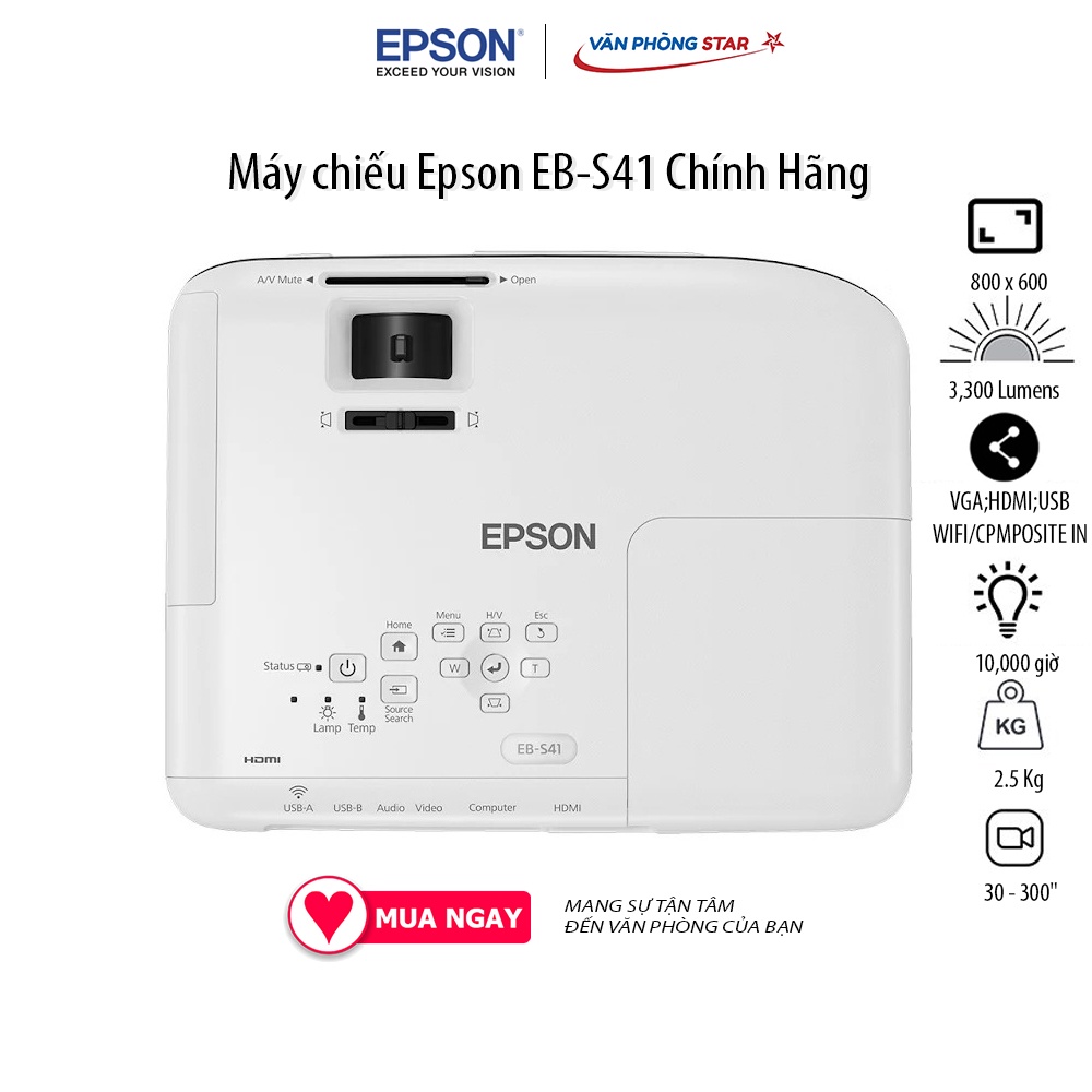 Máy chiếu Epson EB-S41 Chính Hãng. Độ phân giải: SVGA (800x600). Độ sáng: 3300 Ansi Lumens. Tuổi thọ 10000h