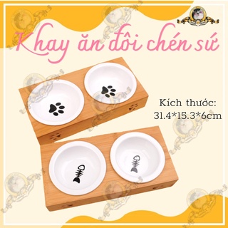 Khay Ăn Gỗ Cao Cấp Cho Chó Mèo (2 Chén)