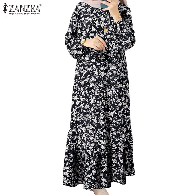 Đầm maxi Zanzea dài cổ tròn in họa tiết hoa phong cách Vintage thời trang cho nữ