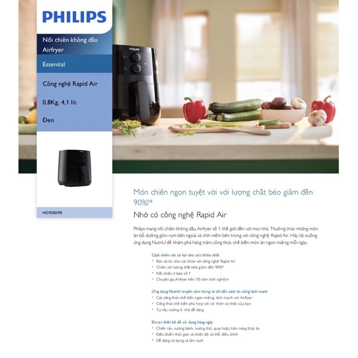 Nồi chiên không dầu Philips HD9200 /90 - Hàng chính hãng - Bảo hành 24 tháng