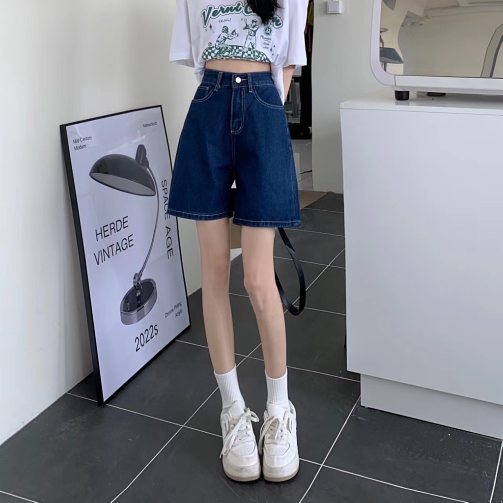 SUXI Quần Short Denim Lưng Cao Màu Sắc Đơn Giản Phong Cách Vintage Dễ Phối Đồ Cho Nữ