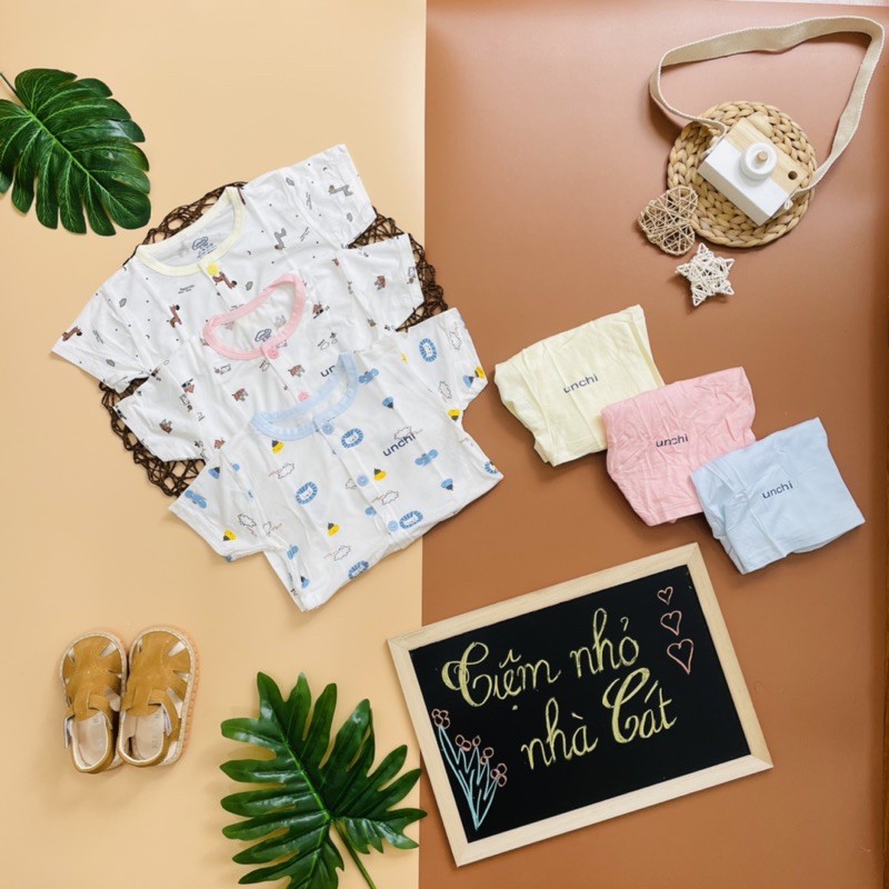 (XẢ HÀNG) SIÊU HOT!!! Bộ Unchi Cộc Tay Chất Petit Cổ Màu khuy Giữa Cho Bé (Hàng loại 1) - Tặng kèm dây cột tóc cho mẹ