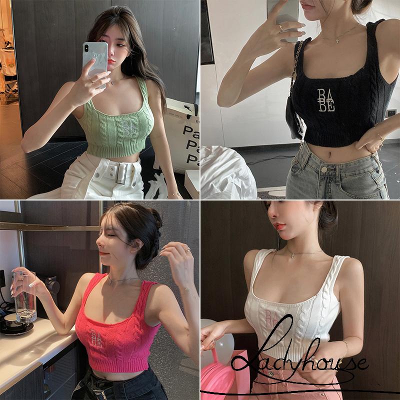 Ldd-áo Ba Lỗ Đan Móc Mỏng Vừa Vặn Cổ Chữ U Thêu Chữ Màu Xanh Lá / Trắng / Đỏ / Đen Cho Nữ