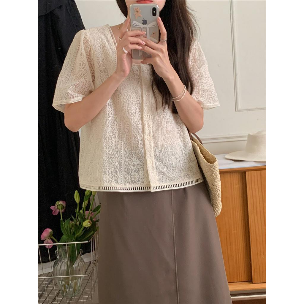 Áo Tay Ngắn Cổ Vuông Phối Ren Thêu Họa Tiết Tinh Tế Phong Cách Hàn Quốc Mới 52354