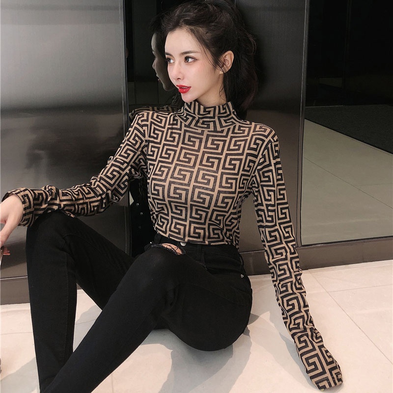 Áo Thun Dài Tay Ôm Dáng Họa Tiết Da Báo Cổ Cao Xinh Xắn Phong Cách Hàn Quốc