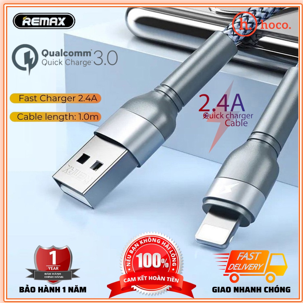 Cáp Sạc Nhanh Remax RC 124i dây dù chống đứt - Dây Sạc Nhanh 12w cho 13 pro max trở xuống dài 1M - Bảo Hành 12 Tháng