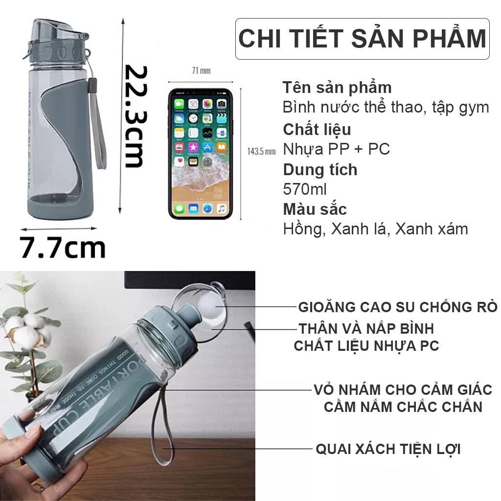 Bình nước thể thao 570ml bằng nhựa PP an toàn có quai xách tiện lợi 3 màu sắc unisex