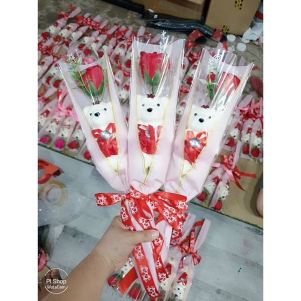 🌹Hoa Hồng Sáp Thơm🌹 Bó 1 Bông Vỏ Kính Kèm Gấu🌹