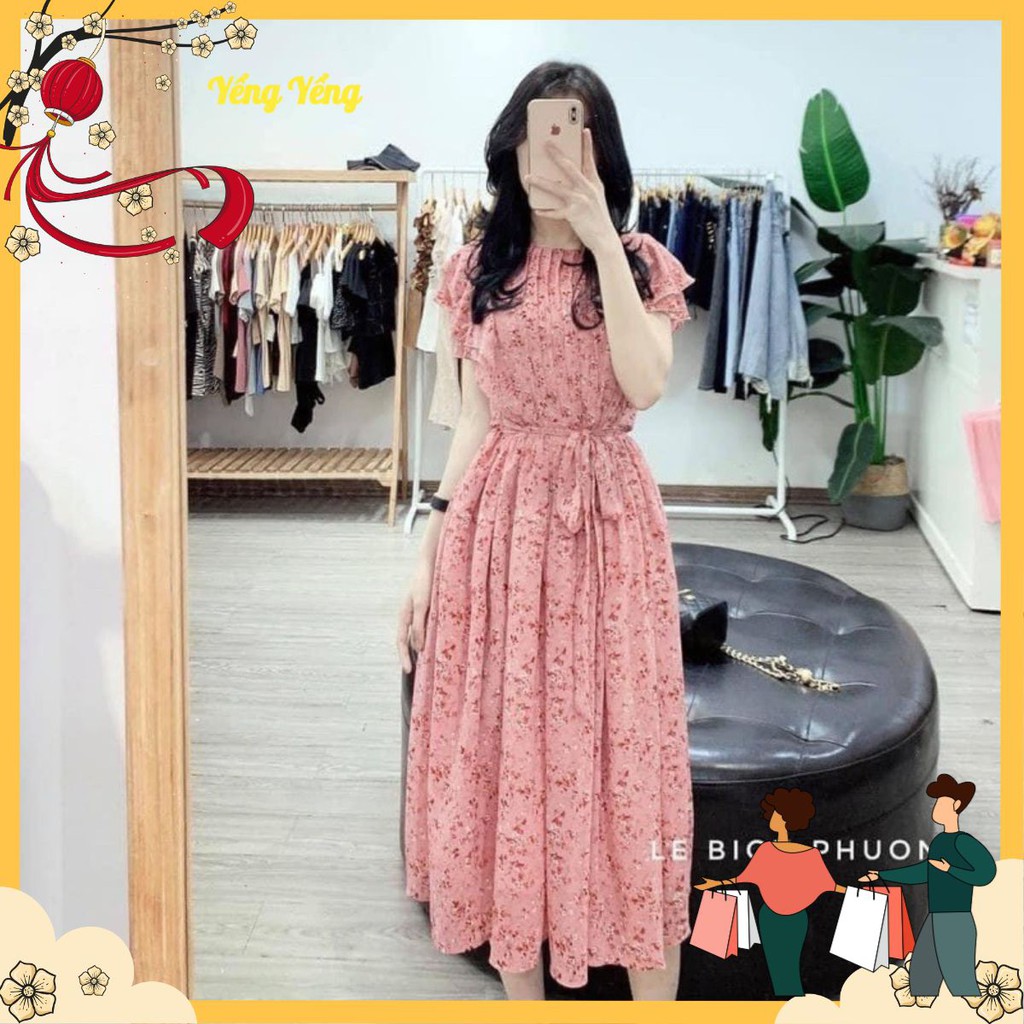 VNU196 - VÁY VOAN HOA ĐỎ NHÍ CỔ XẾP LI QC