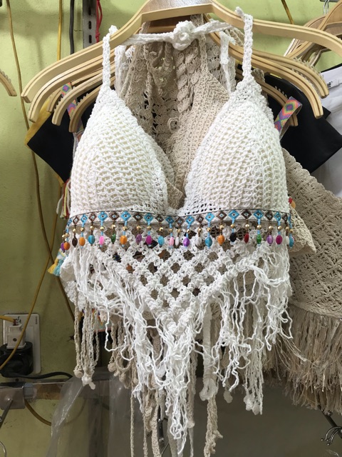 Set biển sexy mới - set 3 món - bra tam giác rua ngọc + quần hoa cạp nhỏ + choàng ren hoa nhỏ (có tách rời)