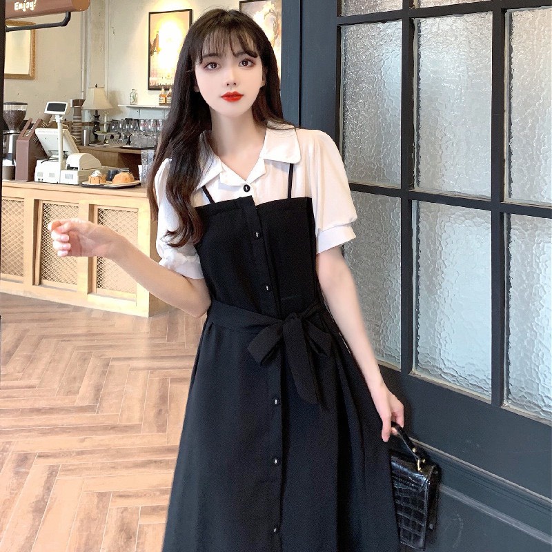 Đầm đen liền cổ sơ mi tay ngắn mùa hè kèm đai thắt eo dáng dài cho nữ