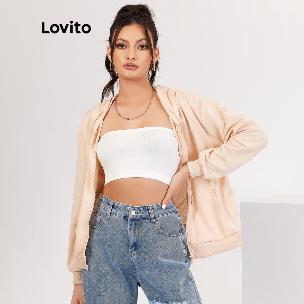 Áo sweatshirt Lovito có mũ trùm đầu phối dây rút có dây khóa kéo phong cách thường ngày L18X020 (Màu mơ)