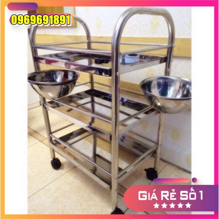 GIẢM GIÁ Xe đẩy inox 3 tầng có 2 bát to chuyên dùng cho spa, thẩm mỹ viện