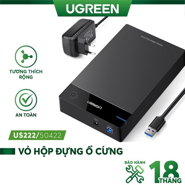 Hộp đựng ổ cứng HDD BOX 3,5" SATA USB 3.0 Hỗ Trợ HDD 10TB chính hãng UGREEN 50422 bảo hành 18 tháng