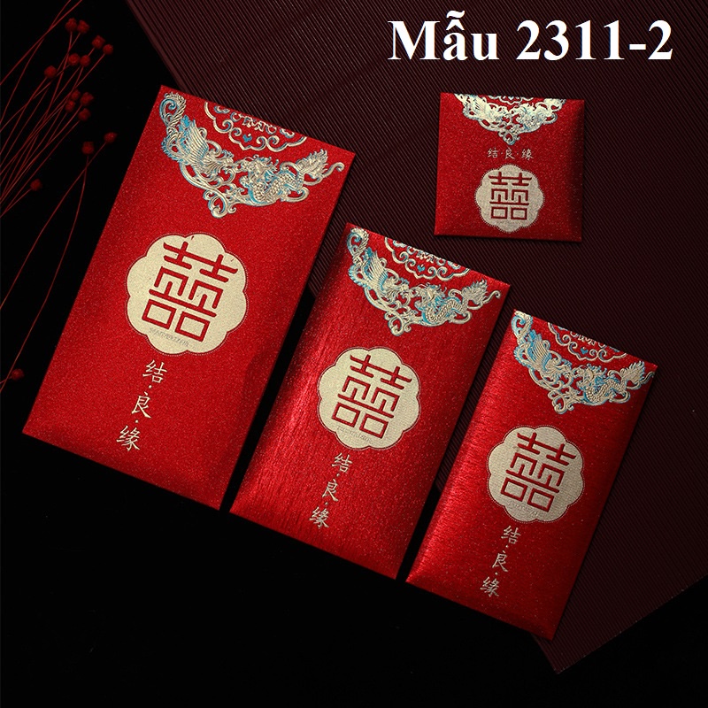 Bao lì xì Hỷ in nhũ dùng trong bưng quả đám cưới