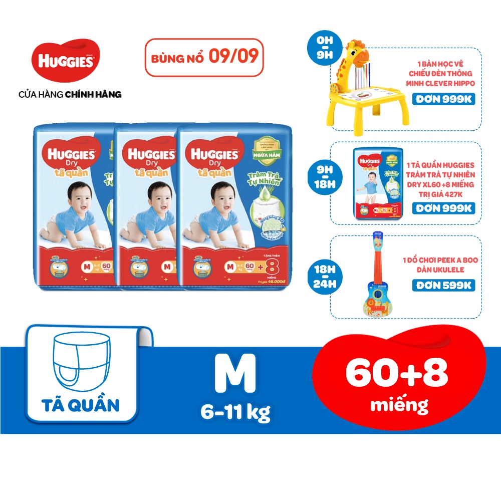 Combo 3 Tã Quần Huggies Tràm Trà Tự Nhiên Dry M60/L52/XL44/XXL40 + Tặng 8 miếng