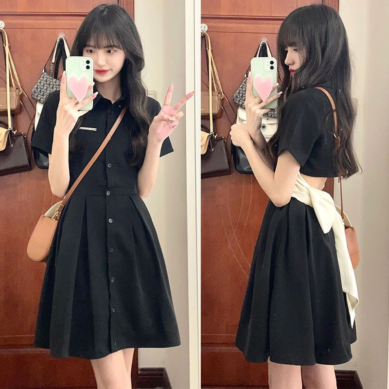 Váy đầm đen POLO cúc giữa nơ lưng basic phong cách Hàn Quốc