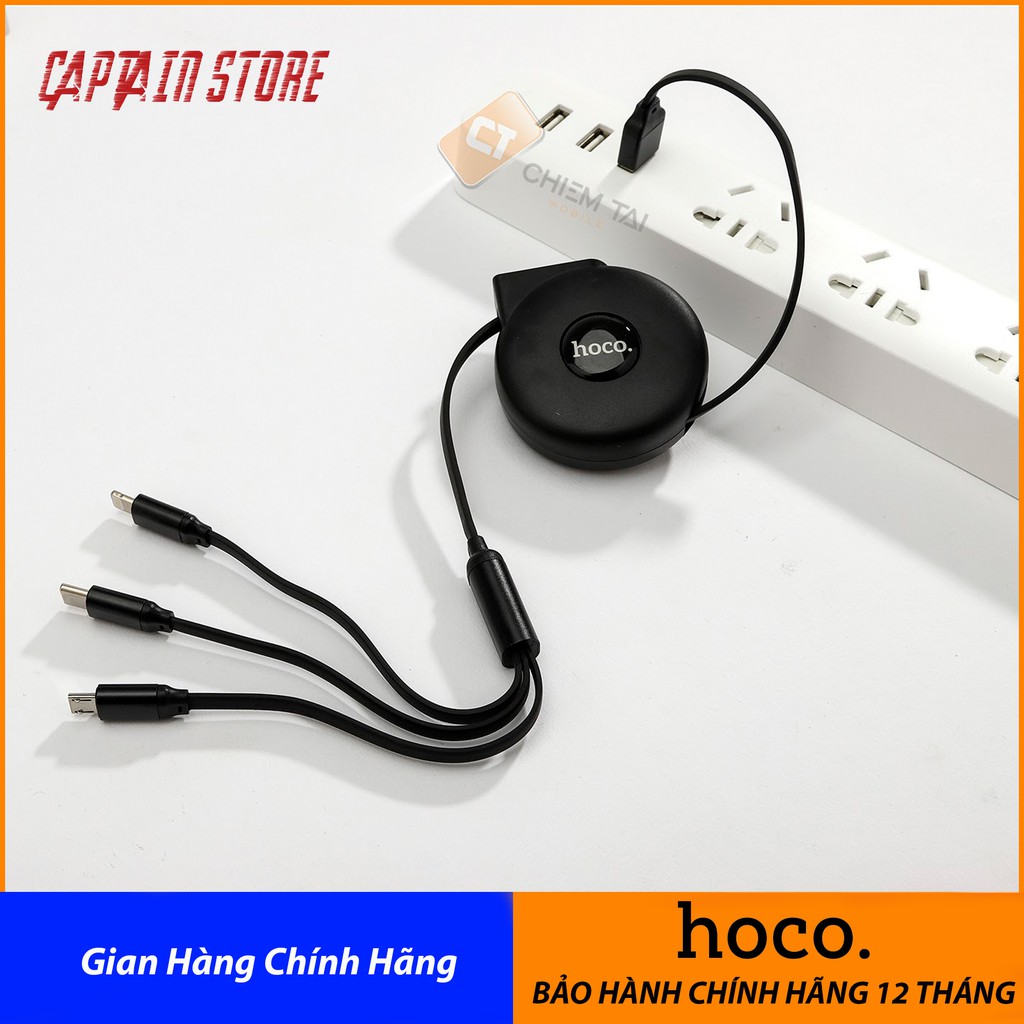 Cáp sạc đa năng Hoco U50 hỗ trợ sạc nhanh 2.4A,3 đầu 1 iPhone,Micro,Type-C dây rút nhỏ gọn