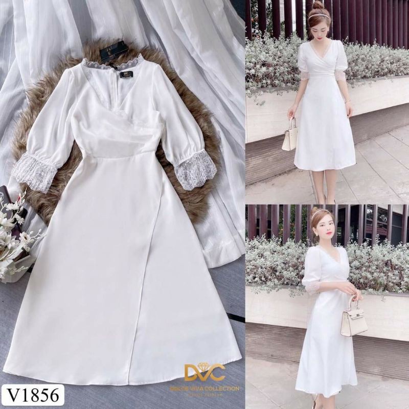 Váy thiết kế phối ren dài qua gối