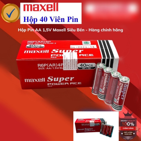 Nguyên hộp 40 viên pin tiểu Maxell AA Siêu bền- Nhập khẩu Indonesia- Cho remote tivi, máy lạnh, đồ chơi trẻ em