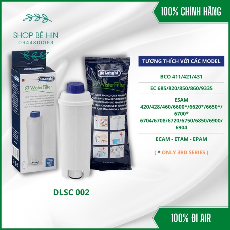 Lõi lọc nước Delonghi DLSC 002 dùng cho máy pha cafe tự động, DLS C002, Cam kết hàng chính hãng