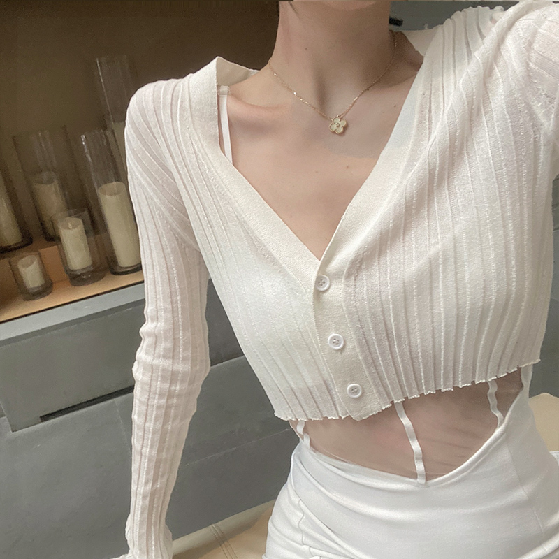 Áo Croptop Dệt Kim Tay Dài Cổ Chữ V Thời Trang Cho Nữ