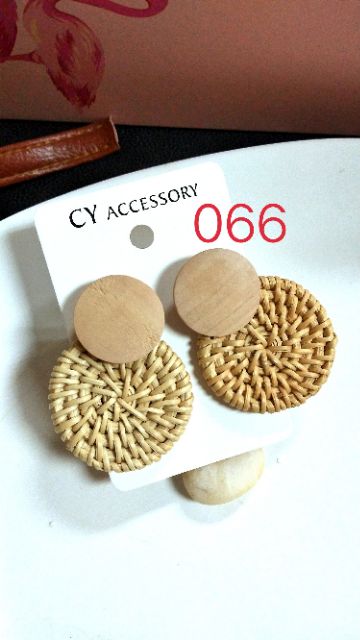 SALE Khuyên tai mây tre đan phối gỗ hình học hàn quốc khuyên tai cói nữ Thời trang Cá tính Hot